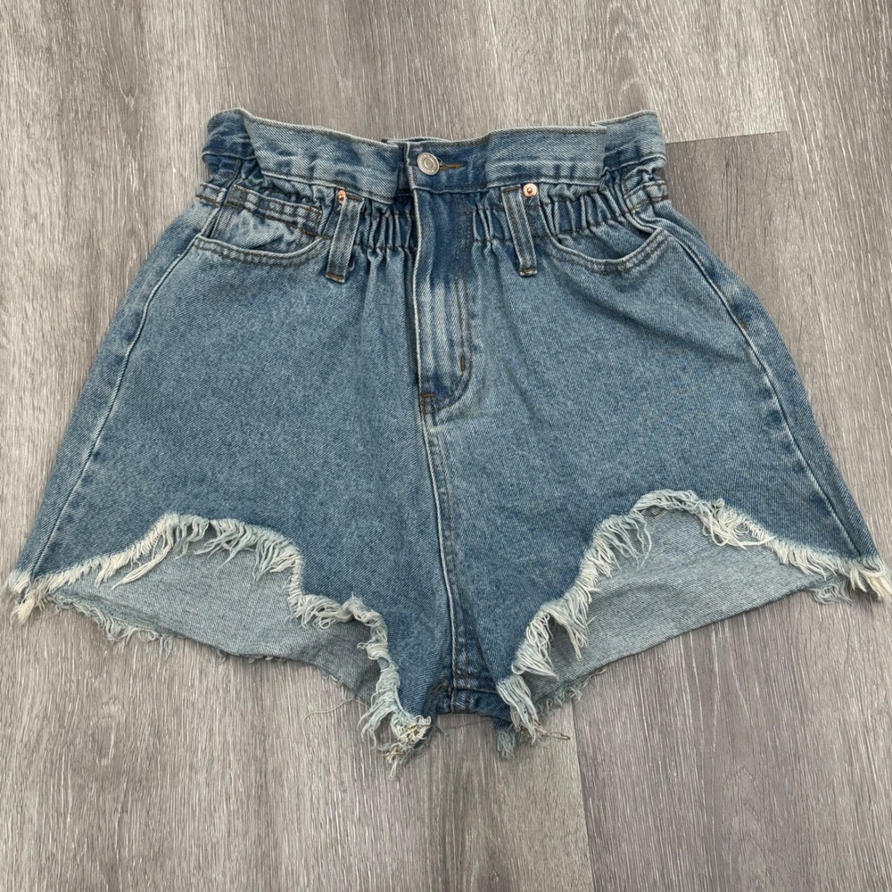 Signature 8 Denim Jean Shorts High Waist Paper Bag Frayed Hem Blue Size Medium